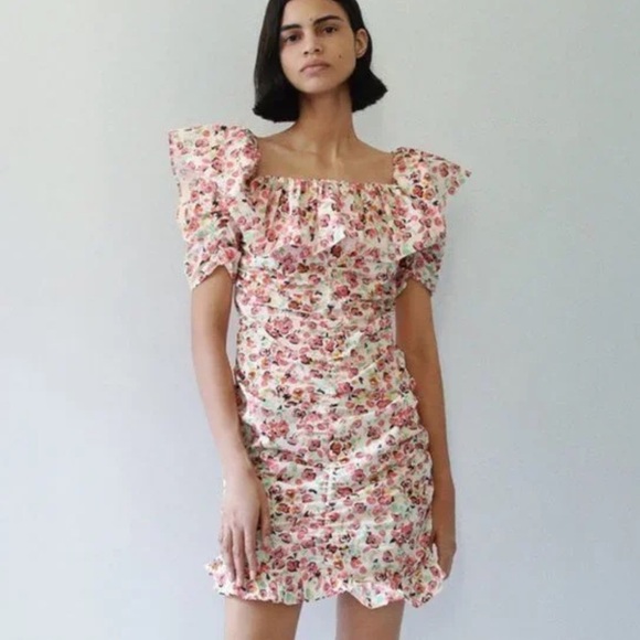 Zara Ruffle Ruched Floral Print Off-Shoulder Mini Dress - Picture 1 of 10